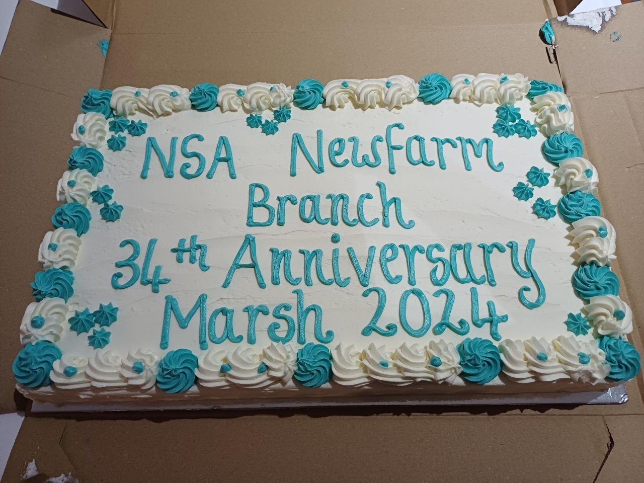 NSA New Farm Branch. 
Celebrating our 34th Anniversary, March  2024. Our thanks to Grace Grace for donating the cake from Bakeology.

Love the typo!!